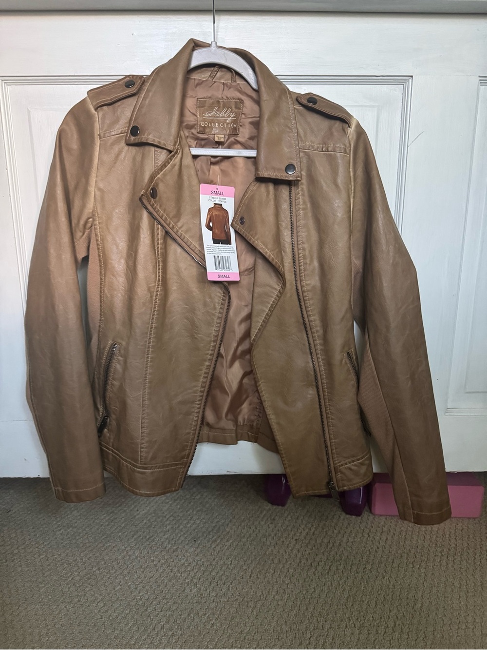 NWT Sebby Collection Tan Faux Leather Moto Jacket size small